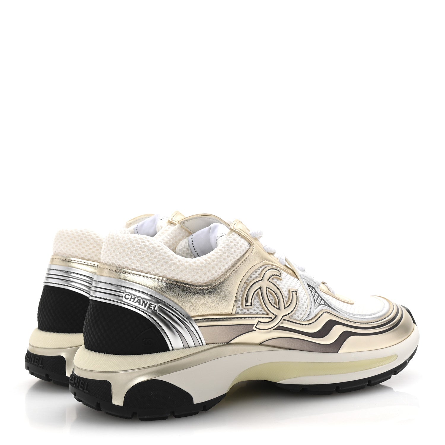 Chanel Fabric Laminated Calfskin Stretch CC Womens Sneakers 38.5 White Gold Silver 5 of 10