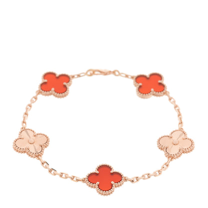 Van Cleef & Arpels 18K Rose Gold Carnelian 5 Motifs Guilloche Vintage Alhambra Bracelet 1 of 4