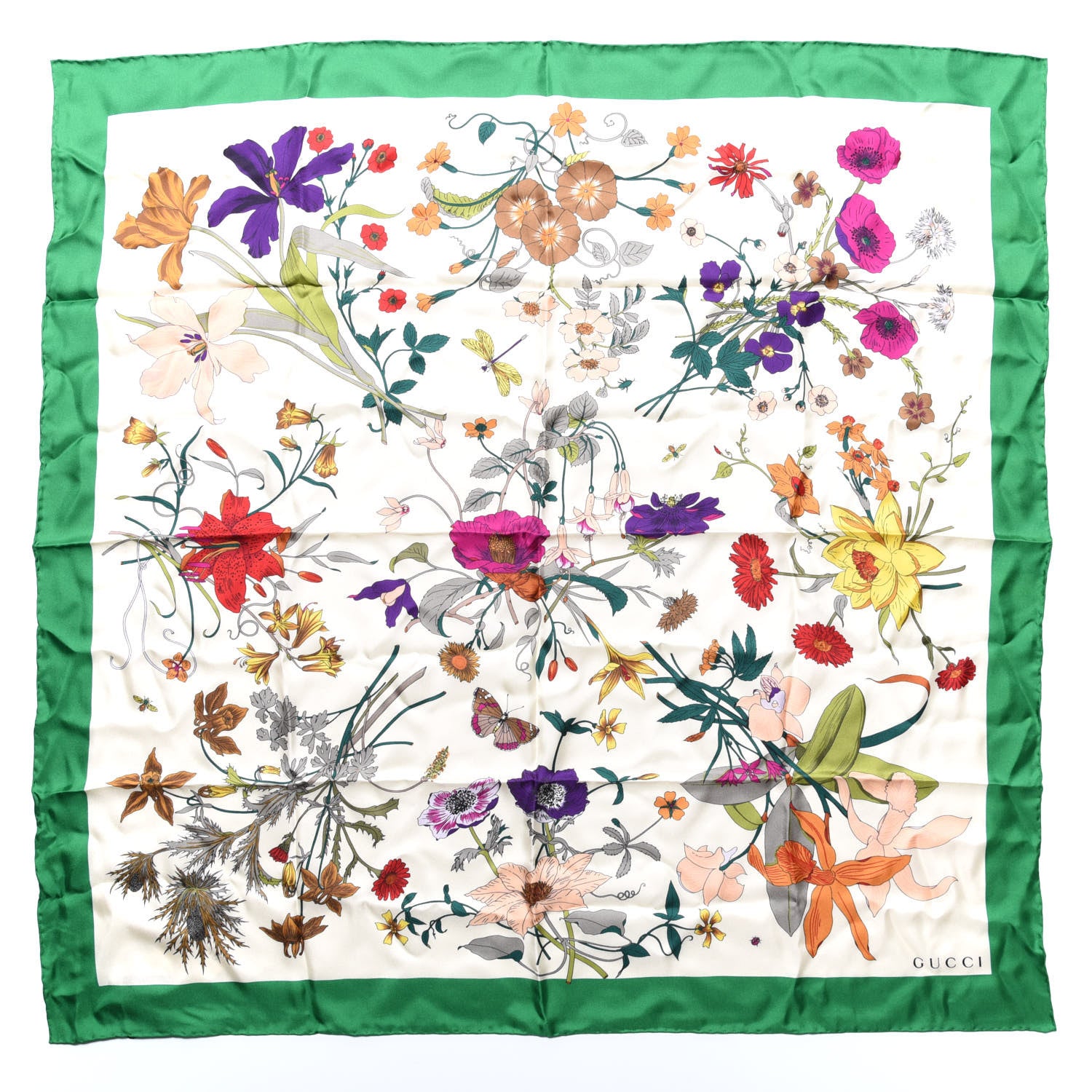 Gucci Silk Flora Gothic Square Scarf Ivory Dark Green 1 of 3