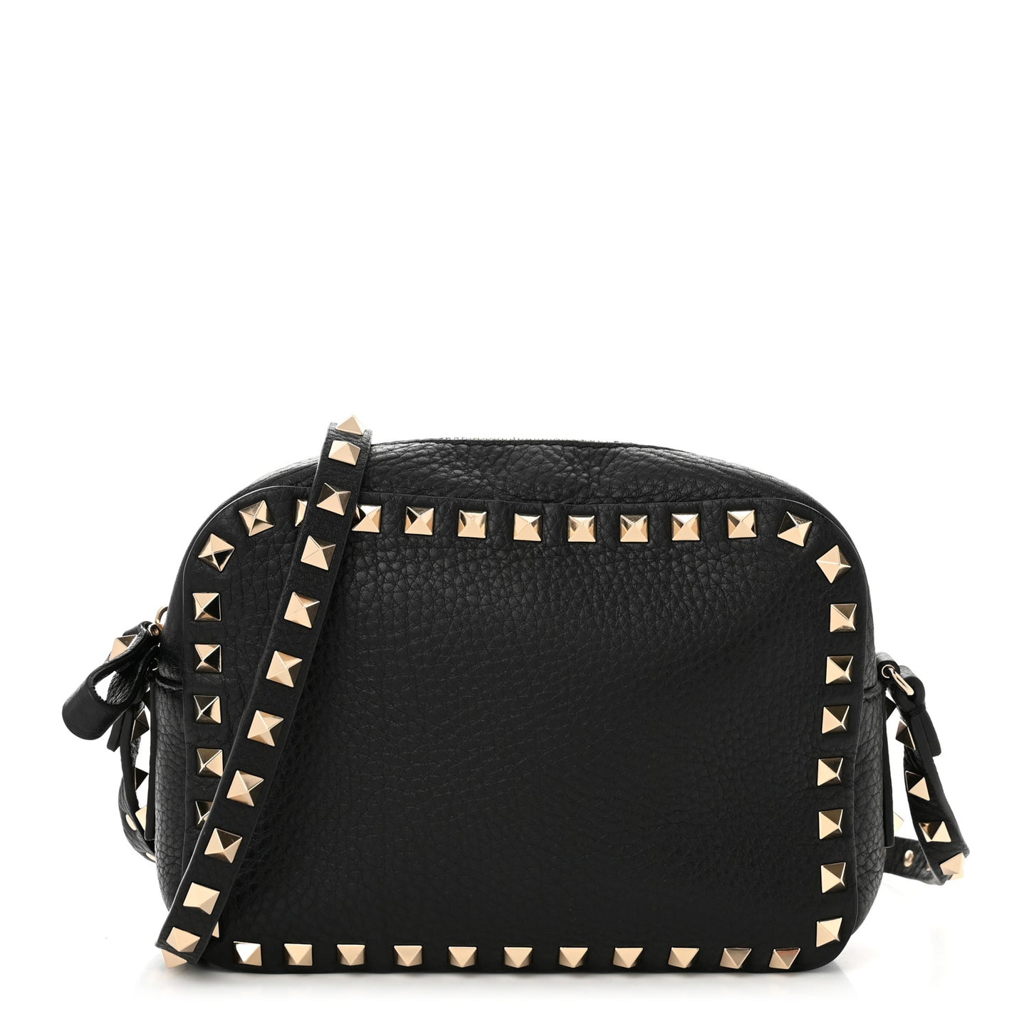 Pebbled Calfskin Rockstud Camera Crossbody Bag Black