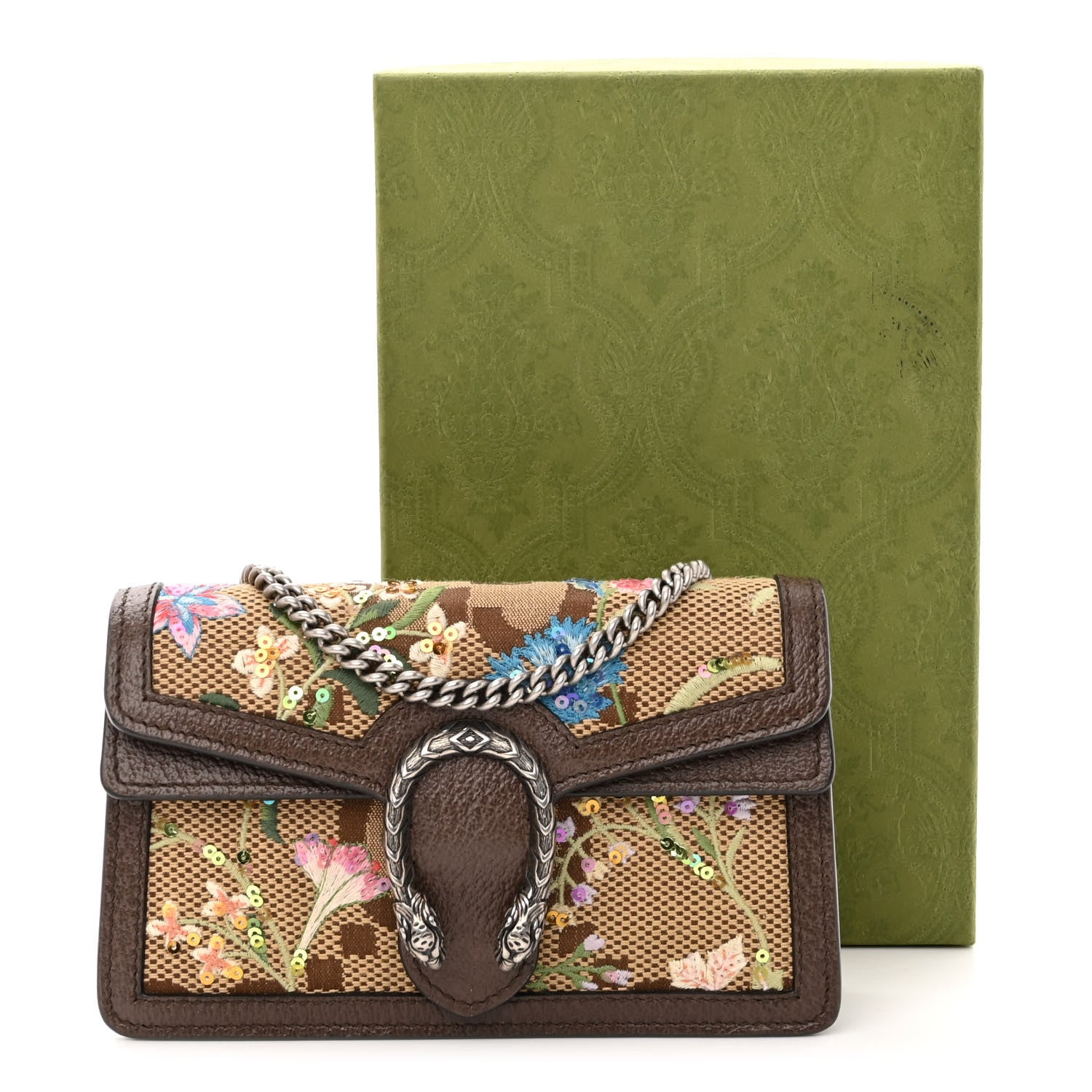 Gucci Monogram Jumbo GG Textured Dollar Calfskin Embroidered Super Mini Dionysus Shoulder Bag Camel Ebony New Acero Multicolor 10 of 10