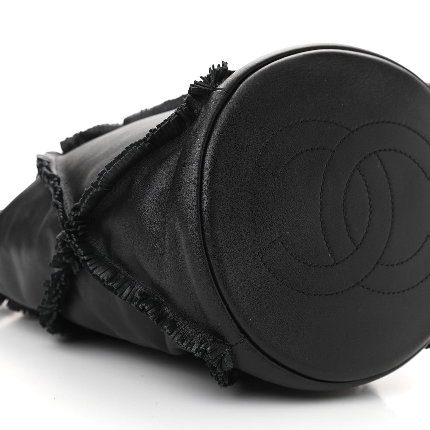 Lambskin Quilted Fringe CC Chain Bucket Drawstring Bag Black