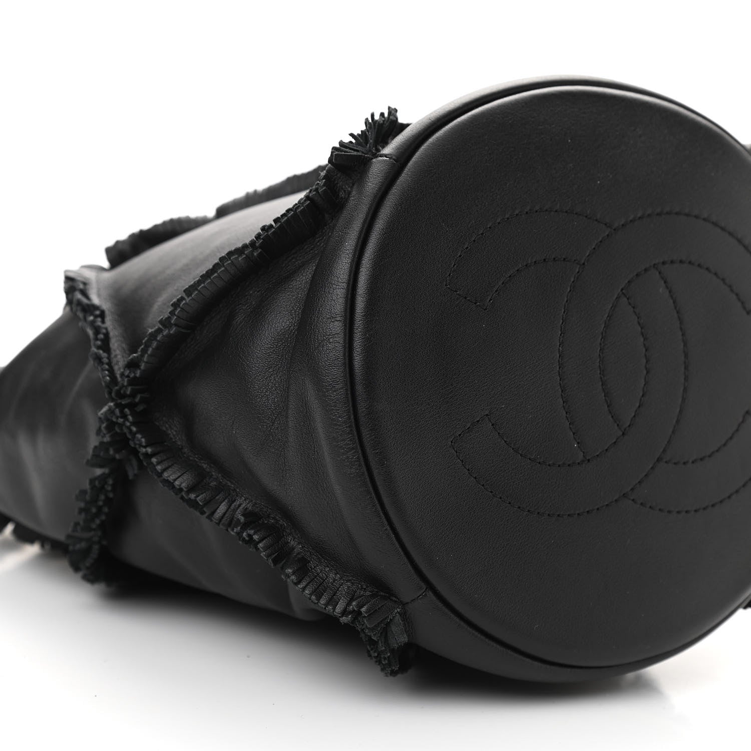 Chanel Lambskin Quilted Fringe CC Chain Bucket Drawstring Bag Black 9 of 10