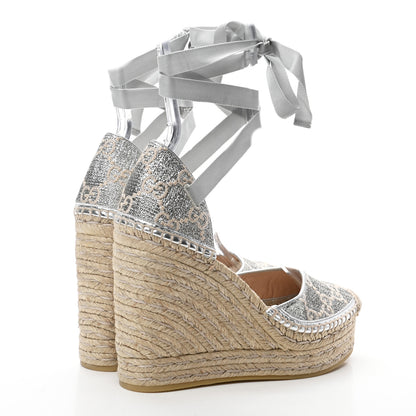 Gucci Lame GG Monogram Ankle Wrap Platform Espadrille Wedges 37 Silver Beige Light Grey 4 of 10