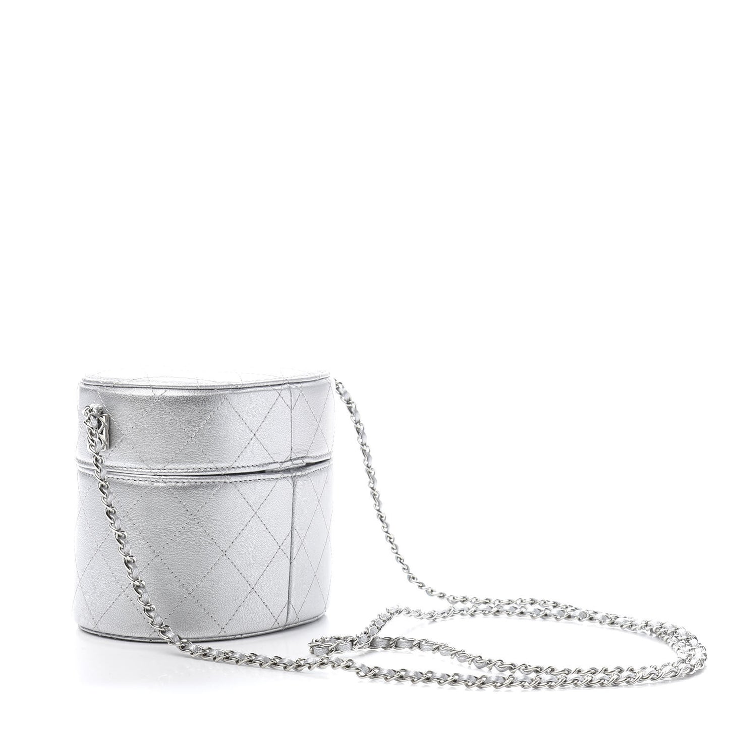 Metallic Lambskin Quilted Round Vanity Case With Chain Silver