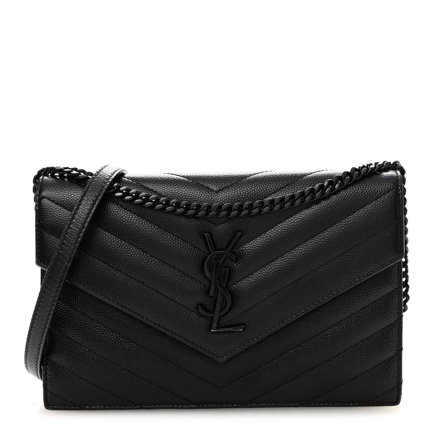 Saint Laurent Grain De Poudre Matelasse Chevron Monogram Monochrome Envelope Chain Wallet Black 1 of 12