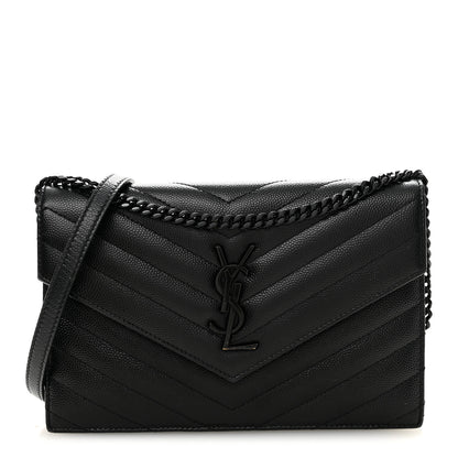 Saint Laurent Grain De Poudre Matelasse Chevron Monogram Monochrome Envelope Chain Wallet Black 1 of 12
