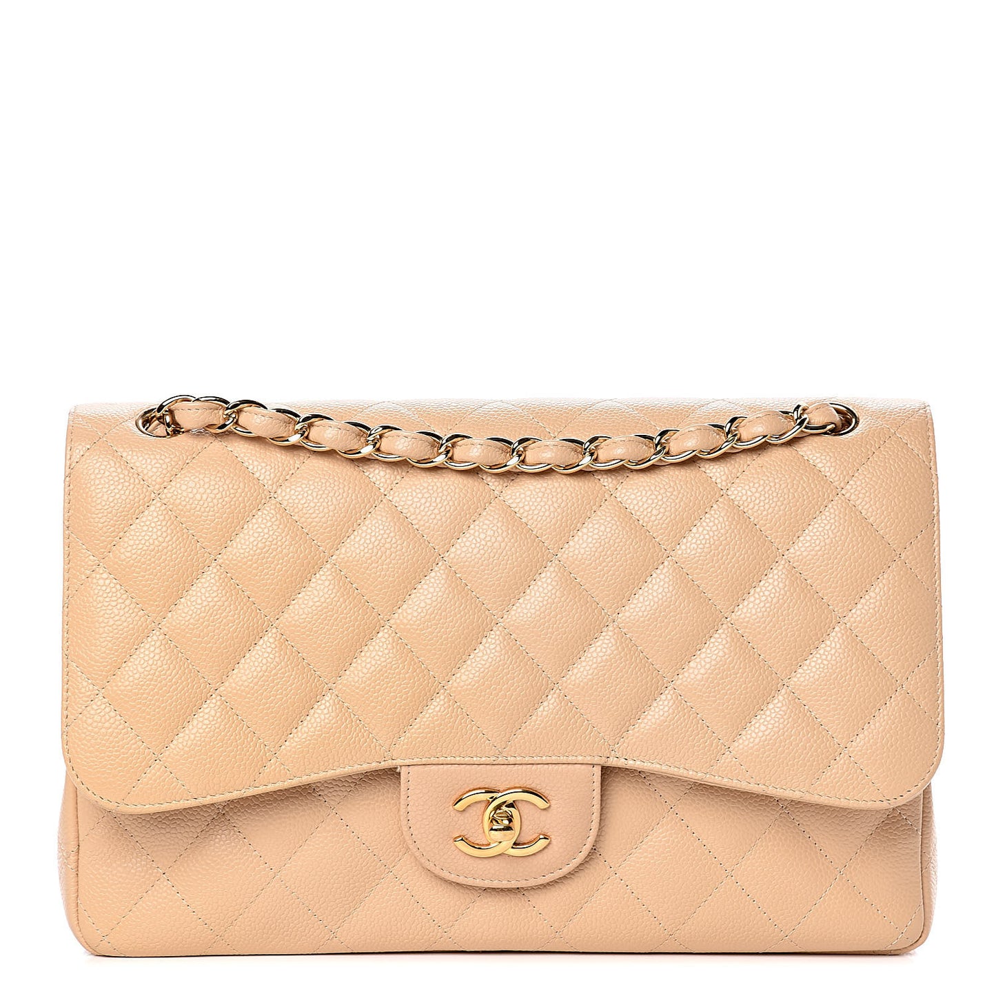 Caviar Quilted Jumbo Double Flap Light Beige