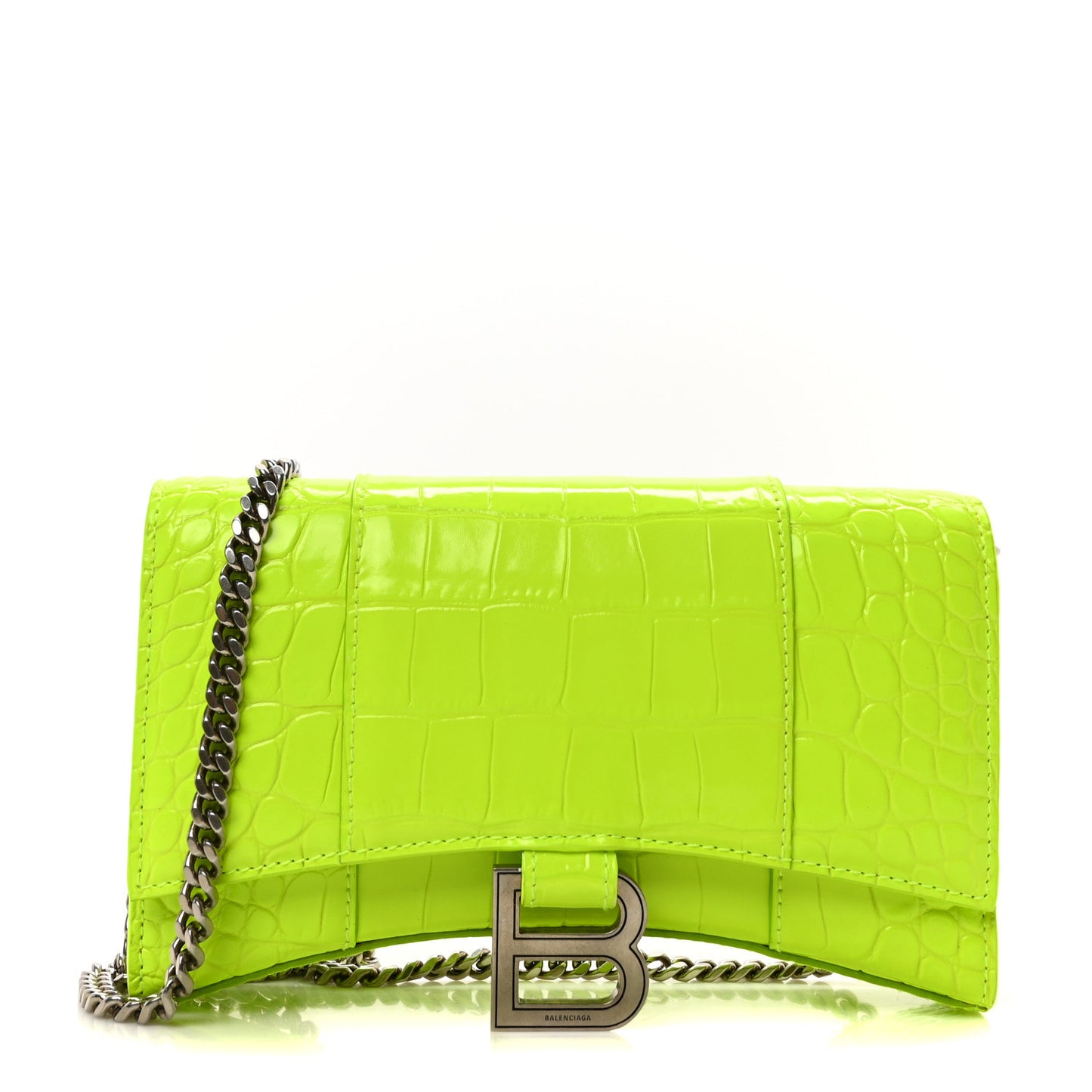 Shiny Calfskin Crocodile Embossed Hourglass Chain Bag Fluo Yellow