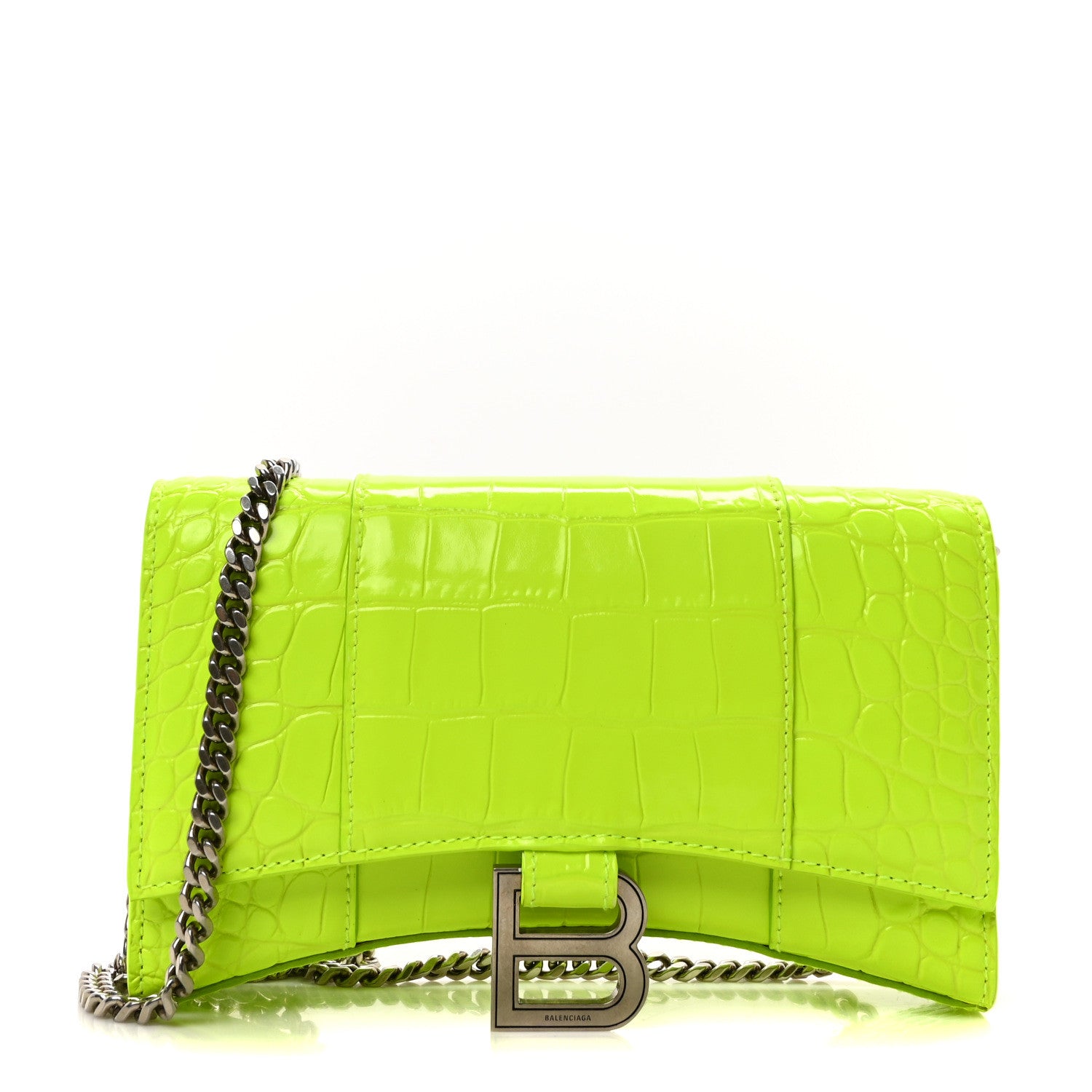 Balenciaga Shiny Calfskin Crocodile Embossed Hourglass Chain Bag Fluo Yellow 1 of 9