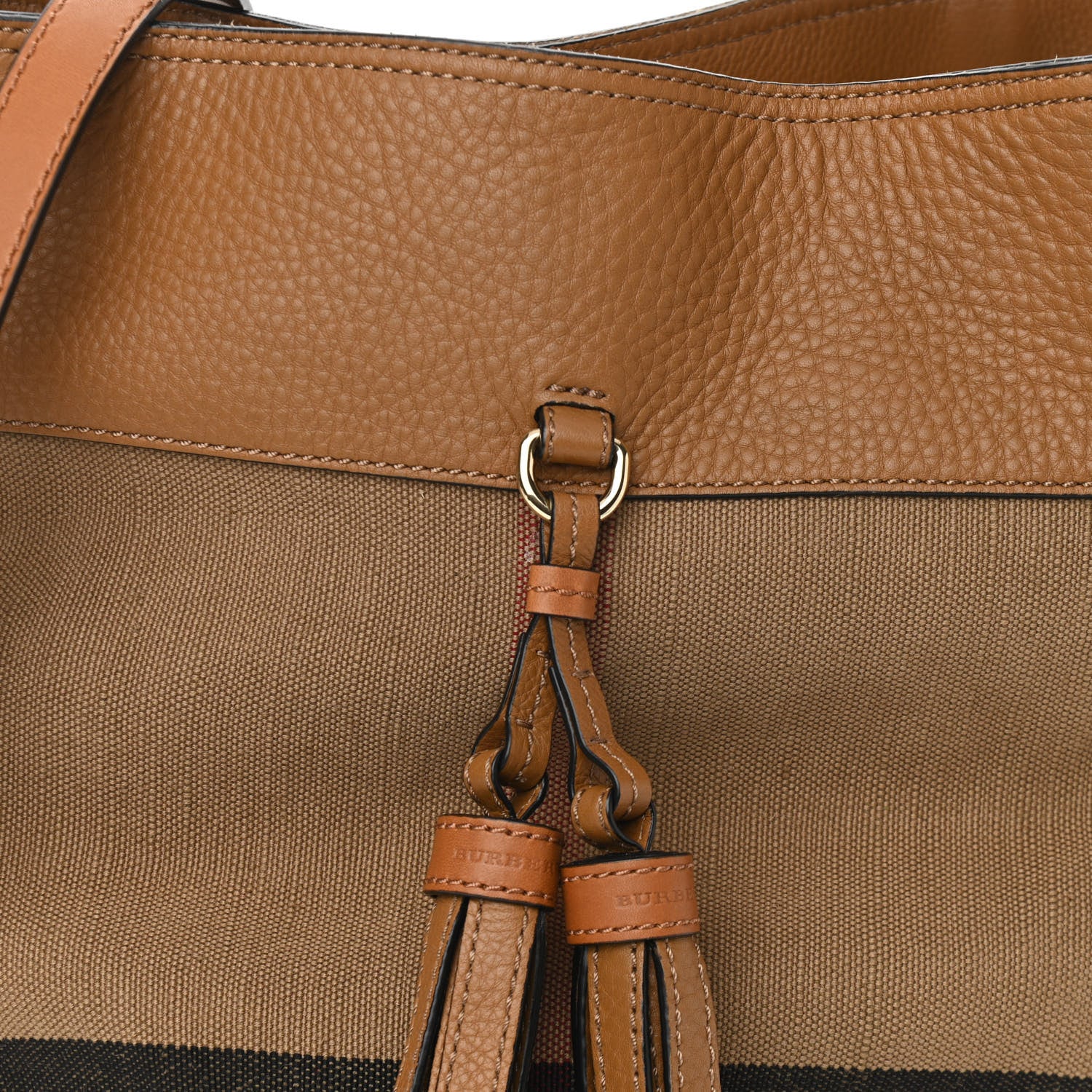 Burberry Grainy Calfskin Canvas Mega Check Medium Ashby Tassel Hobo Saddle Brown 9 of 11