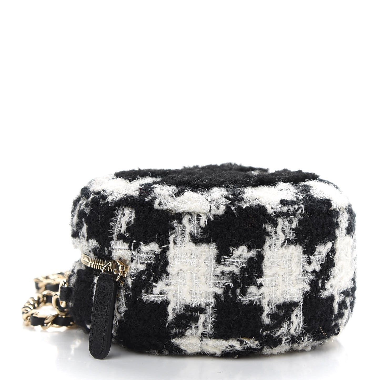 Tweed Shearling Round Clutch With Chain and Coin Purse Black and White