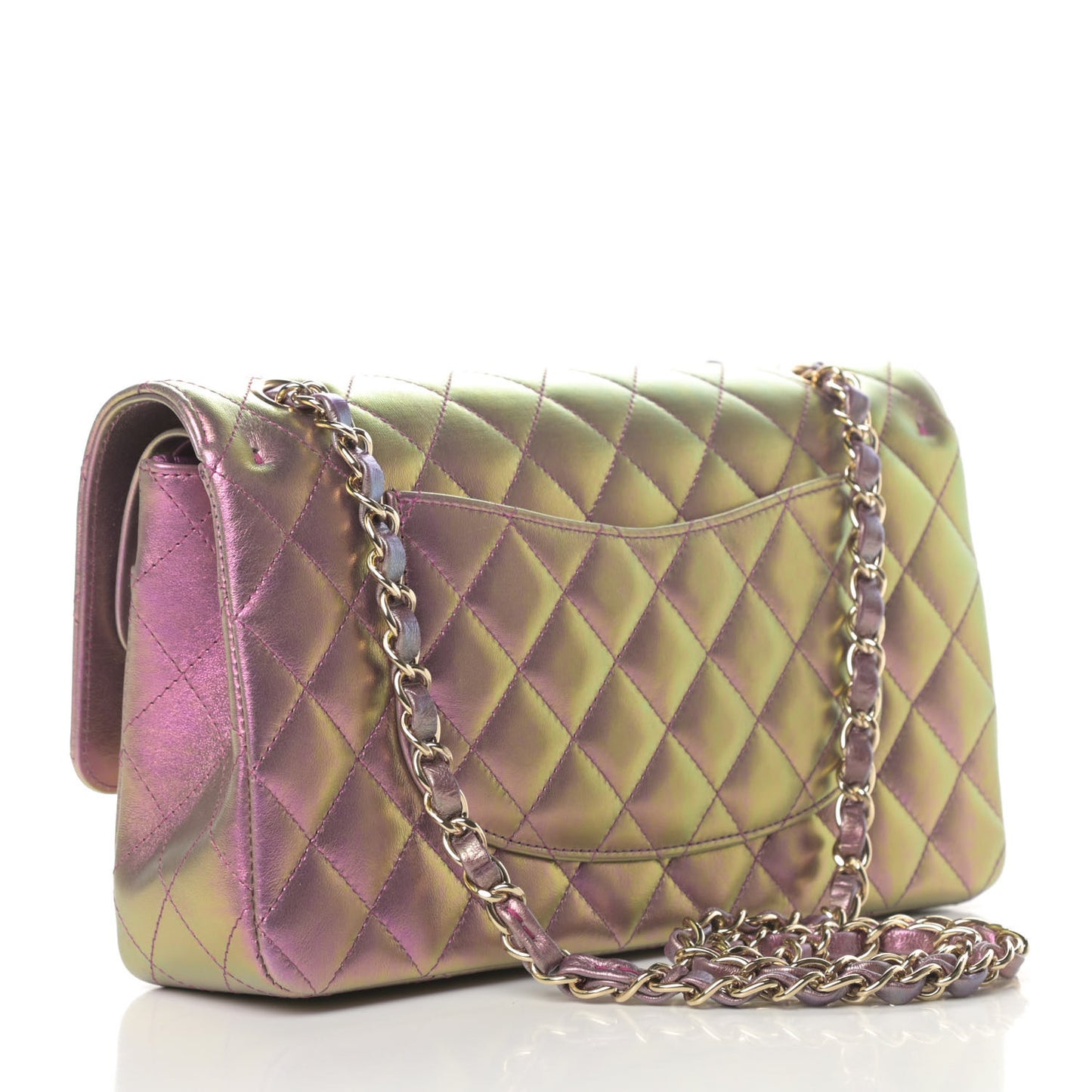 Iridescent Lambskin Quilted Medium Double Flap Purple