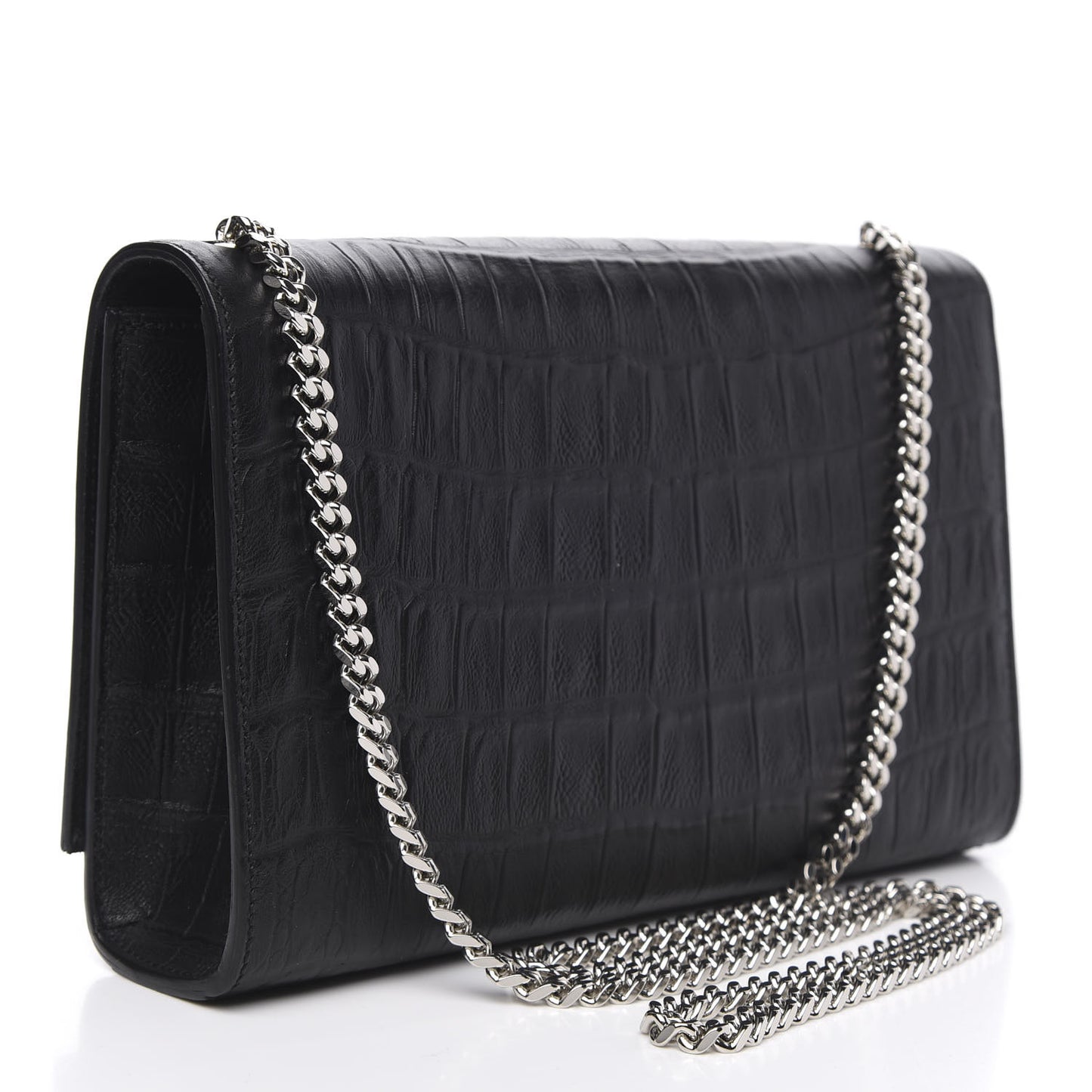 Calfskin Crocodile Embossed Medium Classic Monogram Kate Tassel Satchel Black