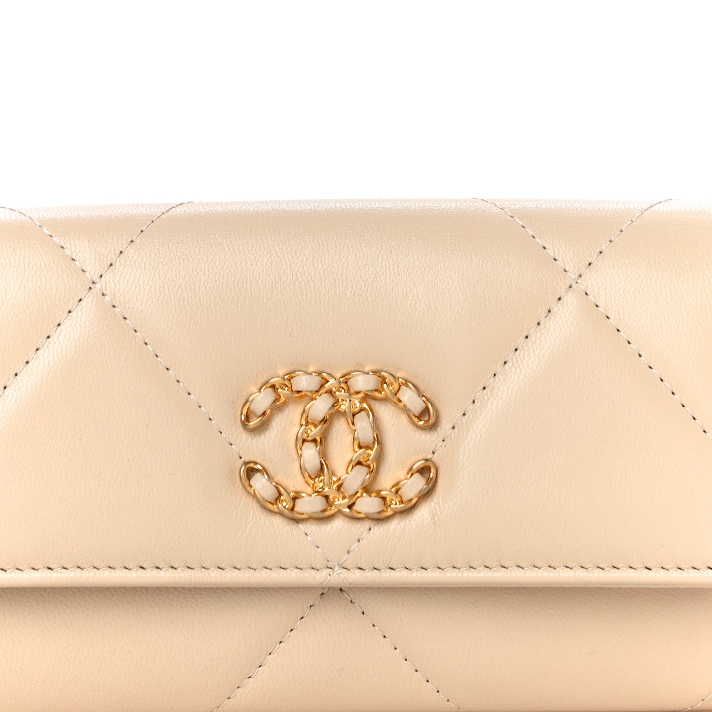 Shiny Goatskin Quilted Chanel 19 Flap Wallet Beige