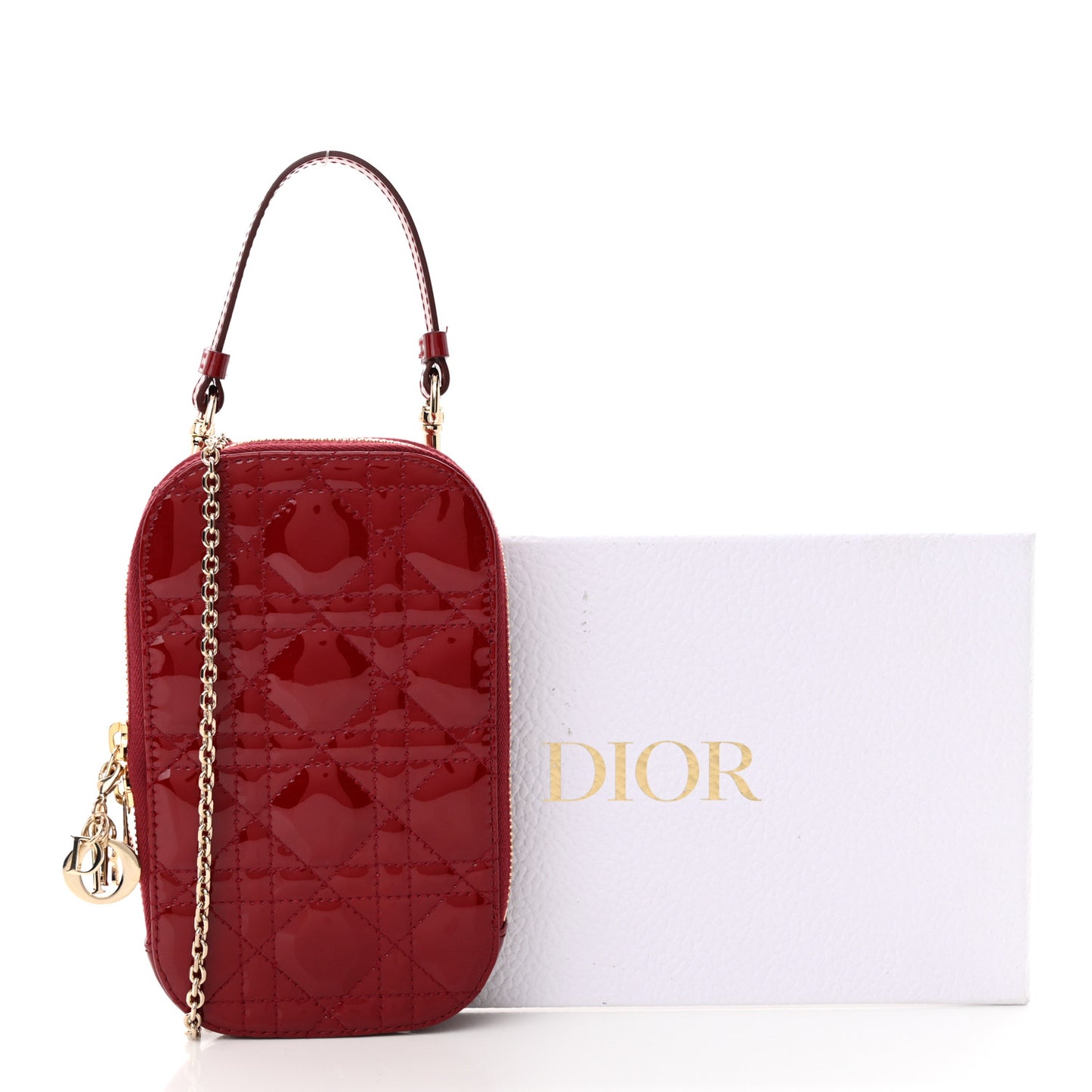 Patent Cannage Lady Dior Phone Holder Red