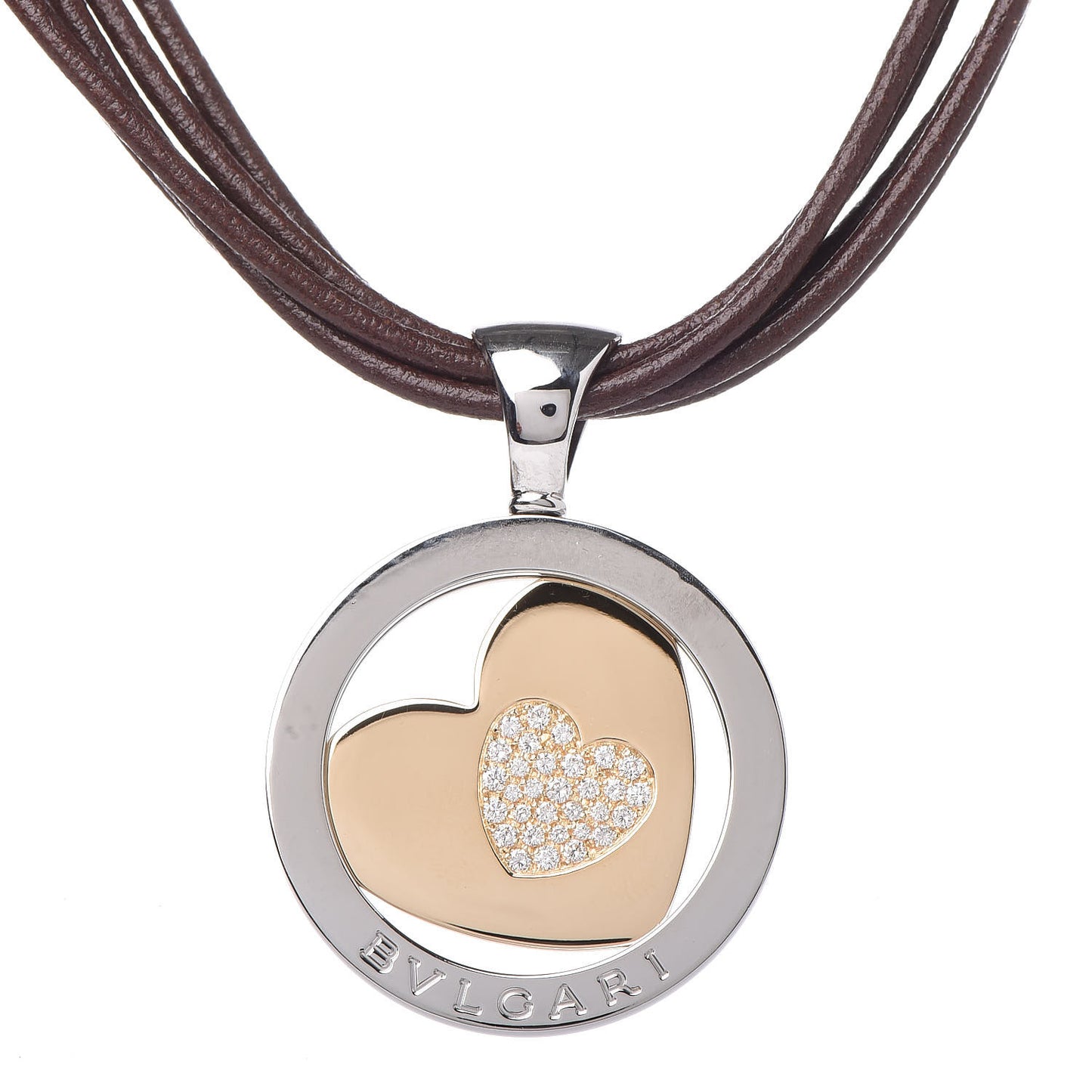 Stainless Steel 18K Yellow Gold Diamond Tondo Heart Pendant Necklace