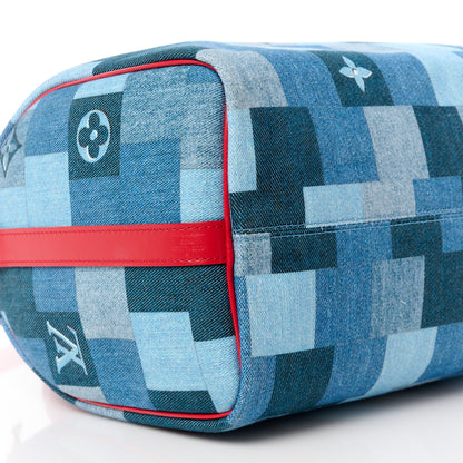 Louis Vuitton Denim Damier Monogram Patchwork Speedy Bandouliere 30 Blue Rouge 9 of 10