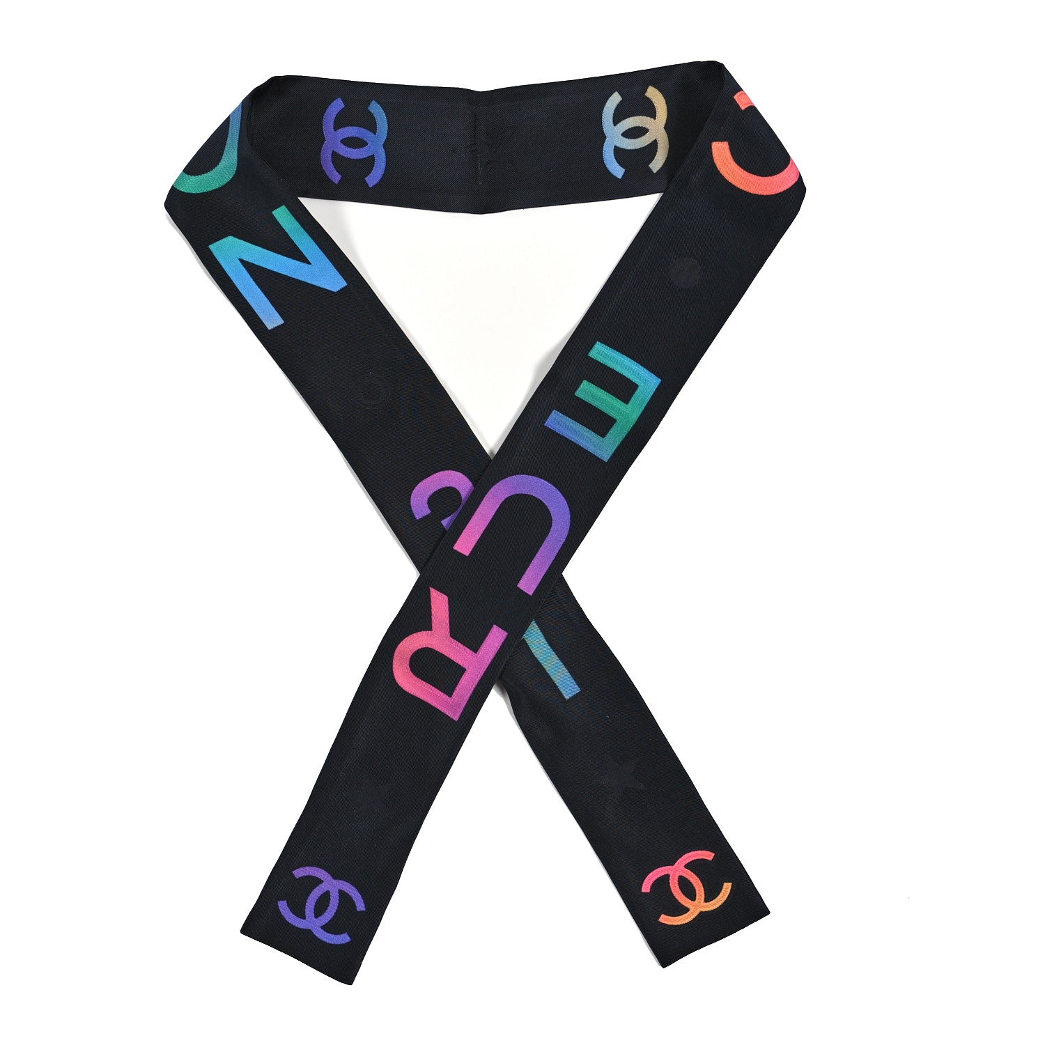 Chanel Silk Logo Rue Cambon Slim Bandeau Scarf Black Multicolor 1 of 3