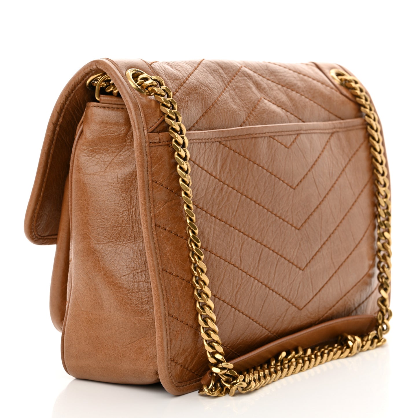 Crinkled Calfskin Matelasse Monogram Baby Niki Chain Satchel Light Caramel