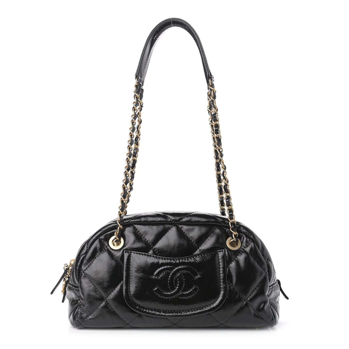 Shiny Aged Calfskin Quilted Bowler Bag Black