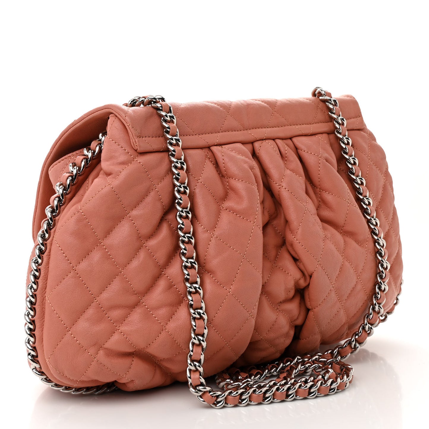 Washed Lambskin Quilted Large Chain Around Flap Coral