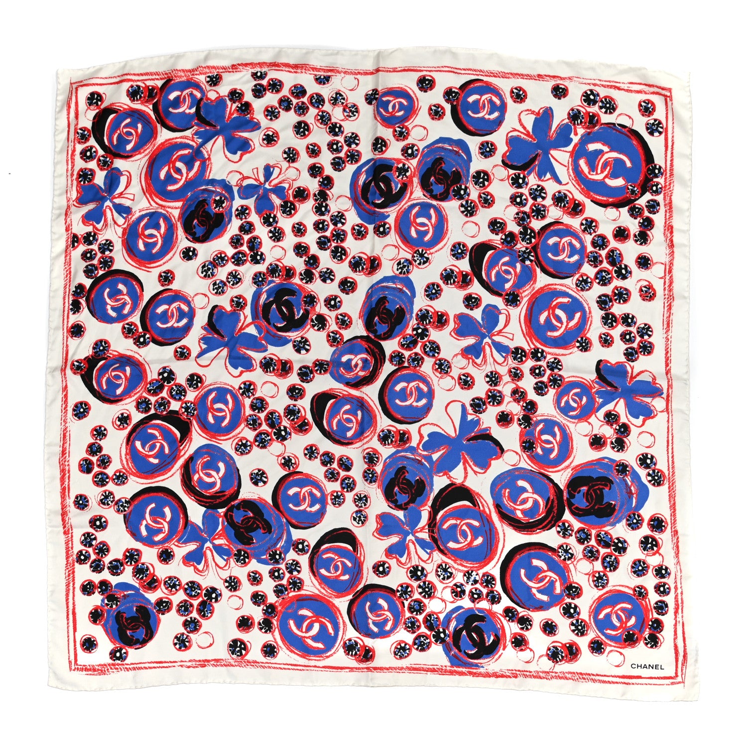 Chanel Silk Clover CC Scarf White Red Blue 1 of 3