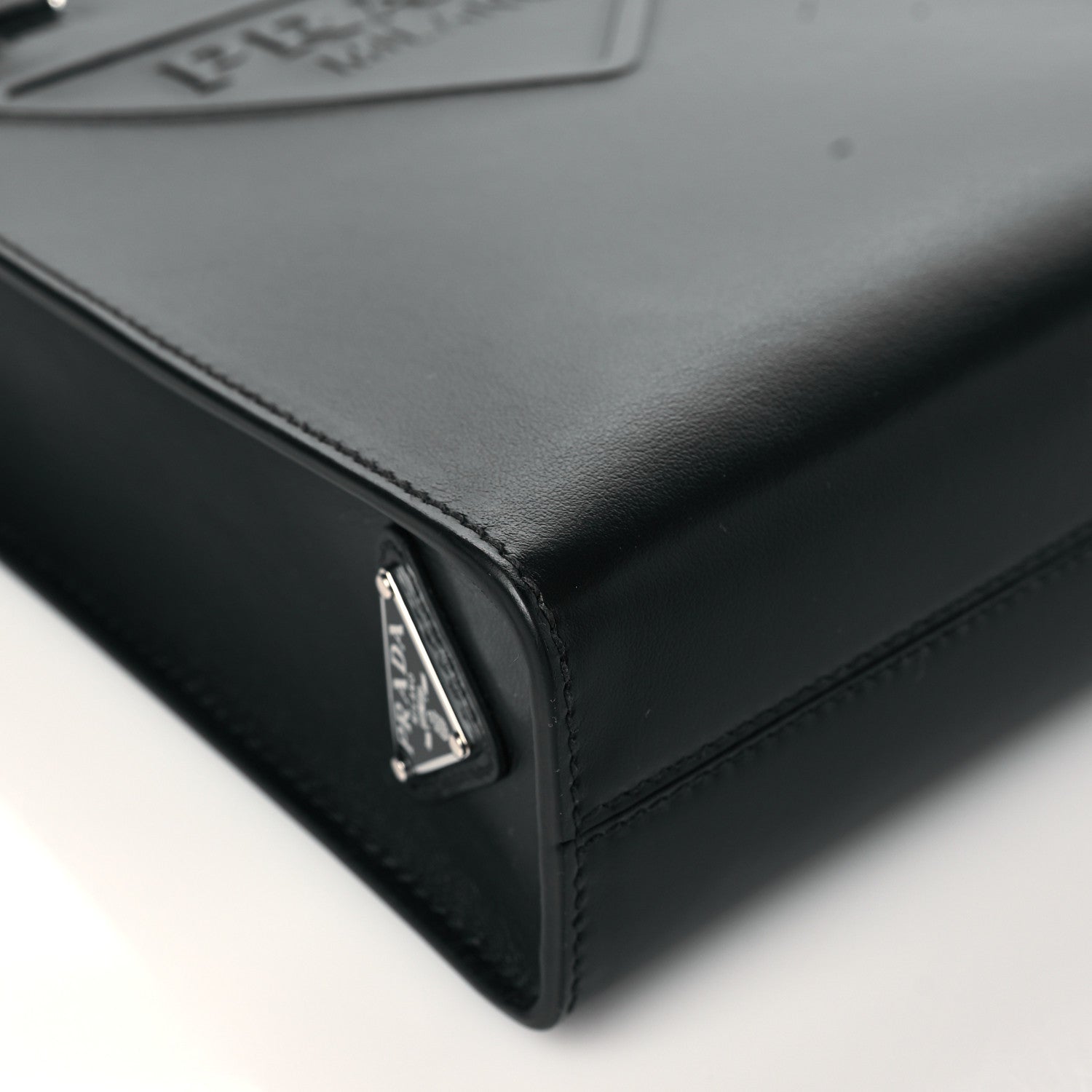 Prada Soft Calfskin Triangle Logo Embossed Small Double Handle Crossbody Tote Black 8 of 9