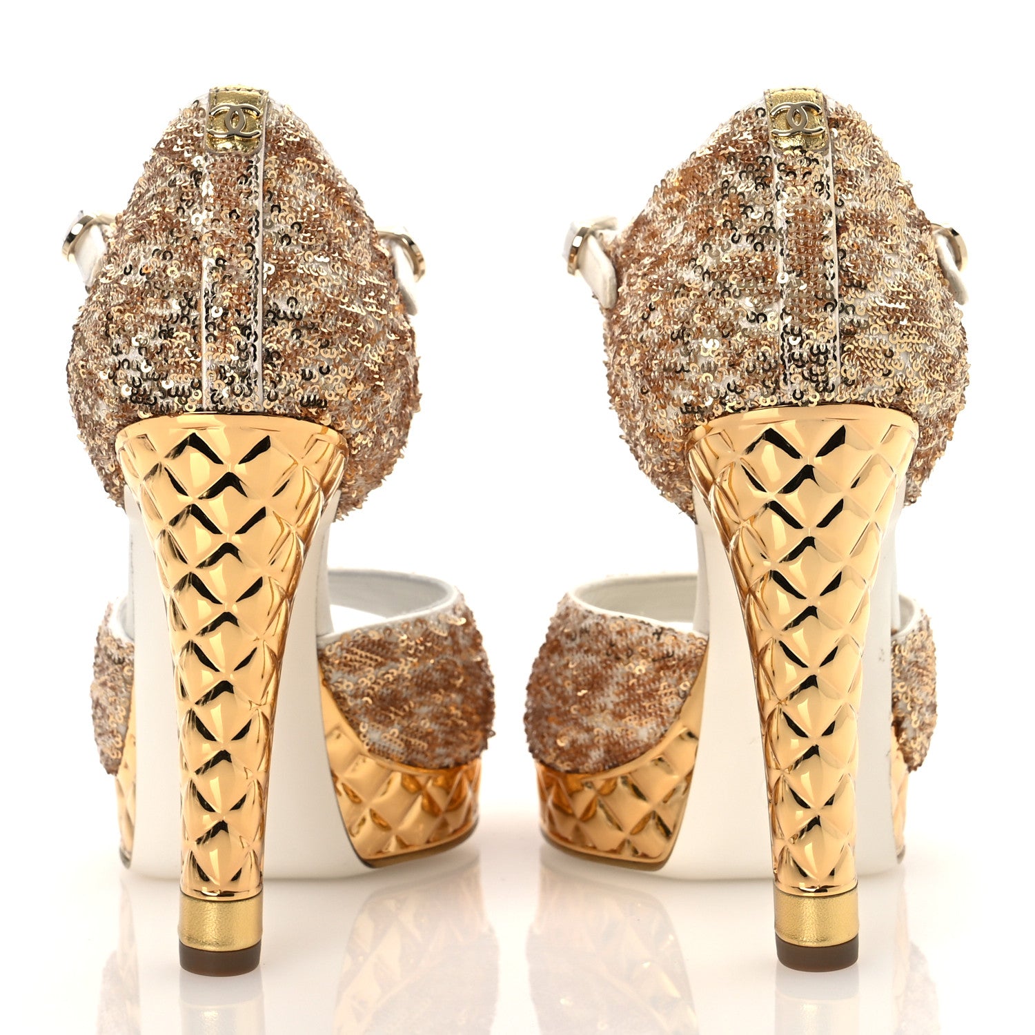 Chanel Metallic Sequin Peep Toe Pumps 37.5 Light Gold White 6 of 14