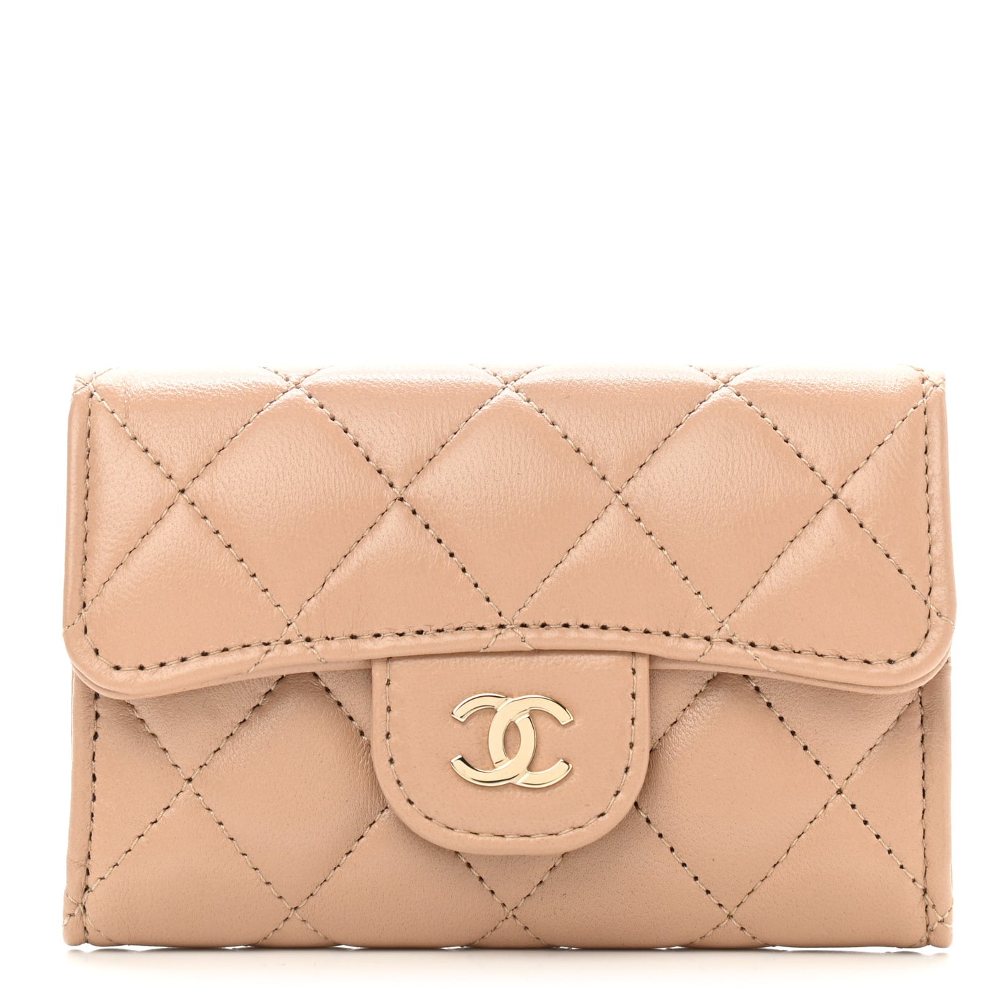 Lambskin Quilted Flap Card Holder Wallet Beige