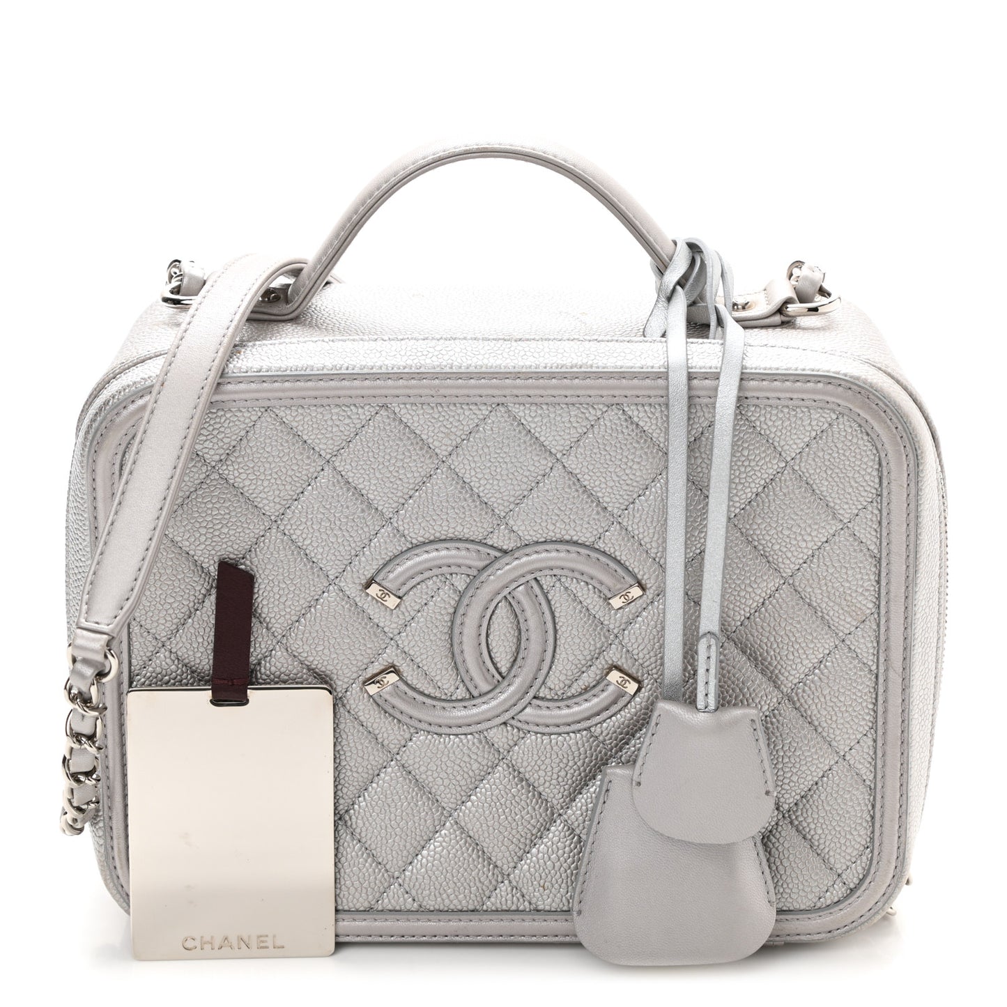 Metallic Caviar Quilted Large CC Filigree Vanity Case Silver