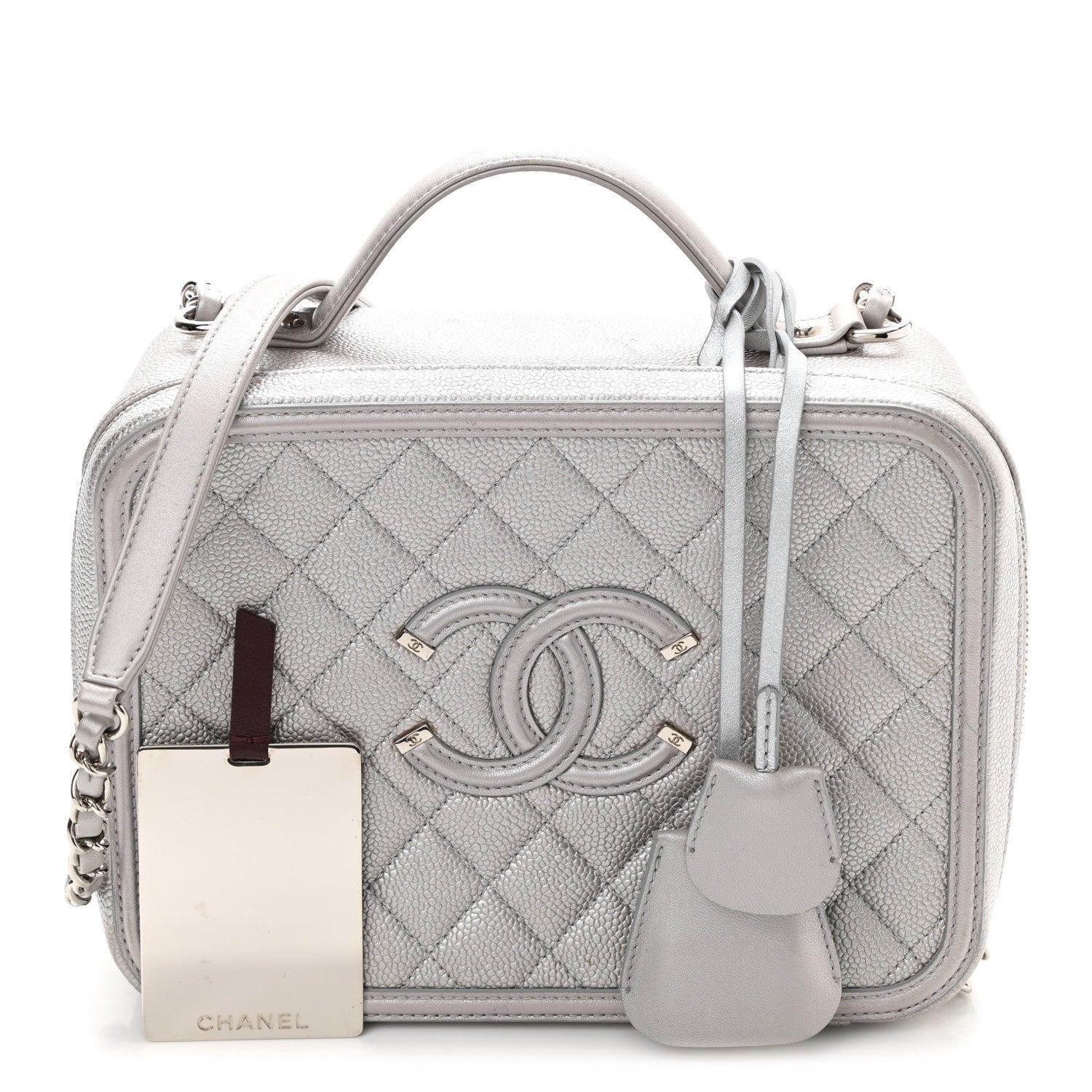 Chanel Metallic Caviar Quilted Large CC Filigree Vanity Case Silver 1 of 13