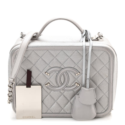 Chanel Metallic Caviar Quilted Large CC Filigree Vanity Case Silver 1 of 13
