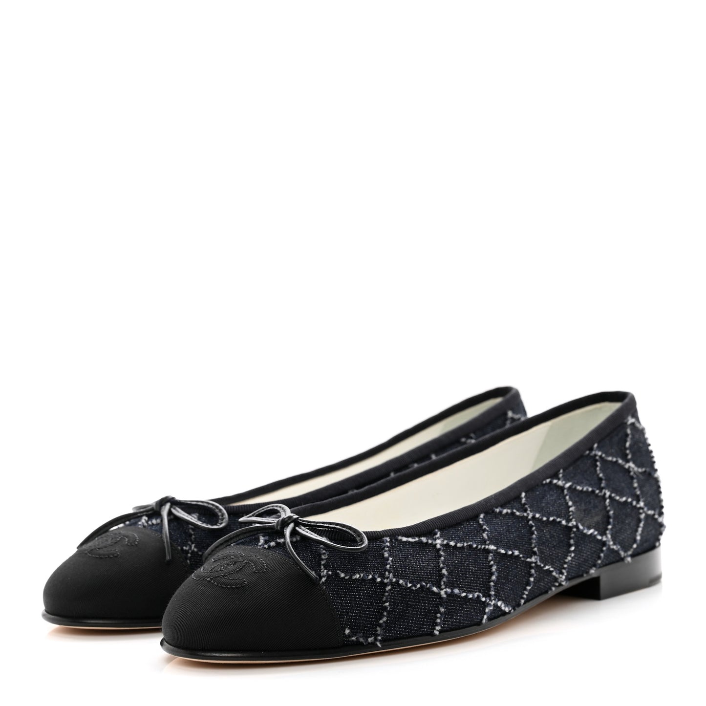 Denim Embroidered Grosgrain CC Cap Toe Ballerina Flats 38.5 Blue Black