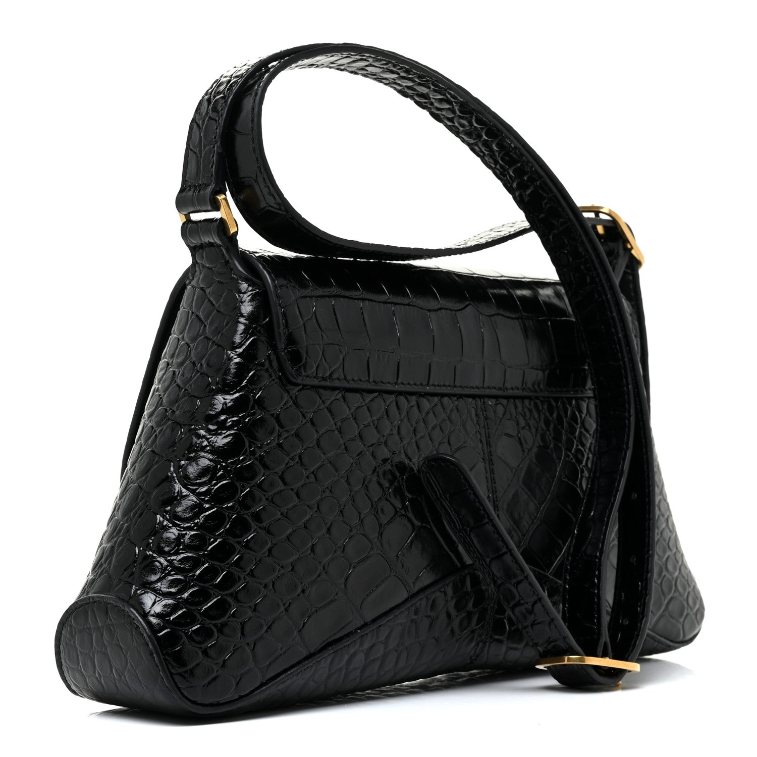 Balenciaga Shiny Super Supple Calfskin Crocodile Embossed Medium XX Flap Bag Black 3 of 12