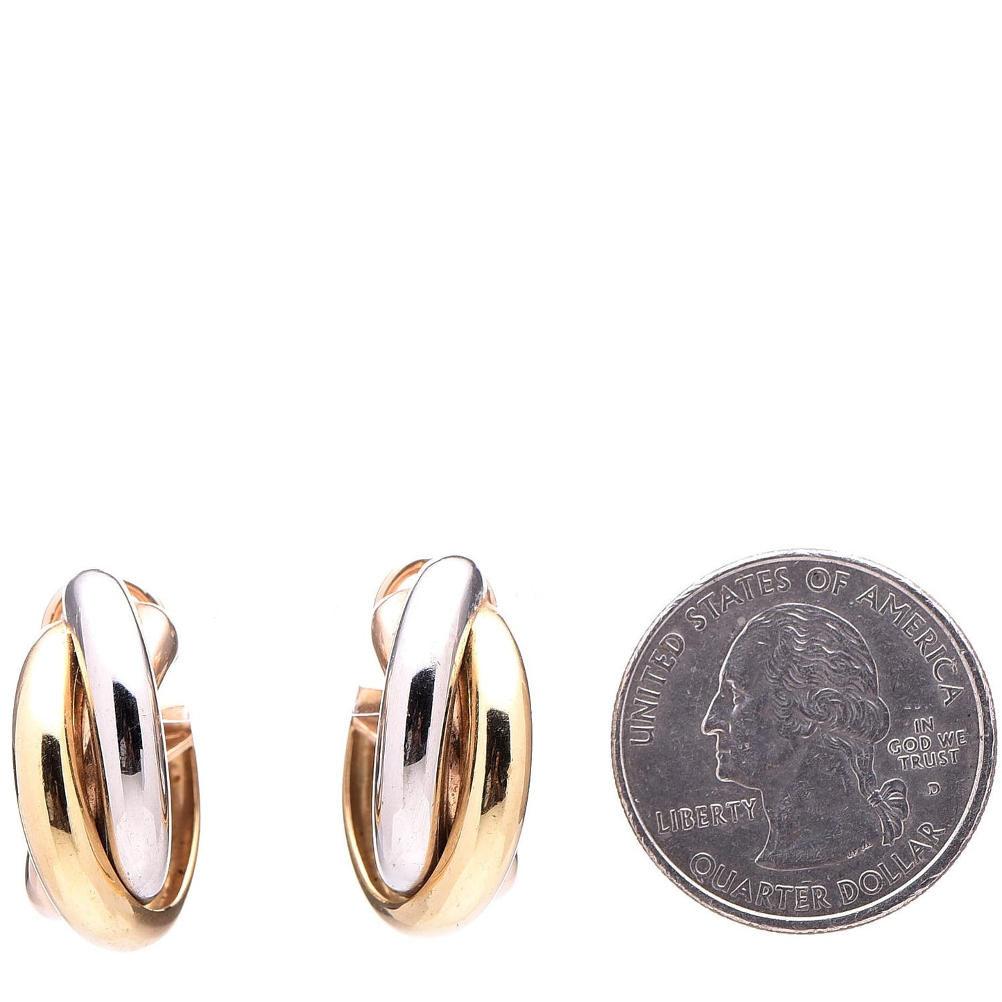 18K Pink Yellow White Gold 9.5mm Trinity Hoop Earrings
