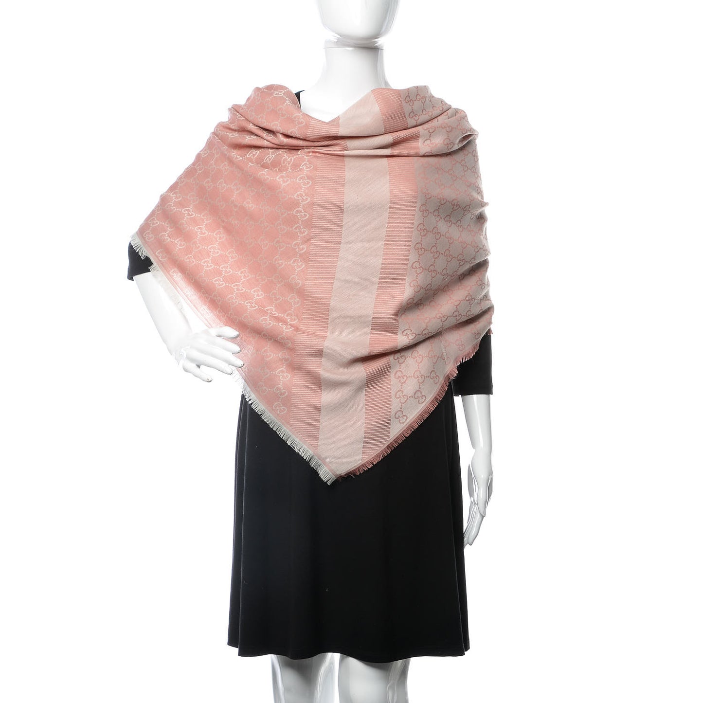 Wool Silk Monogram GGWeb Fringe Shawl Rose Ivory