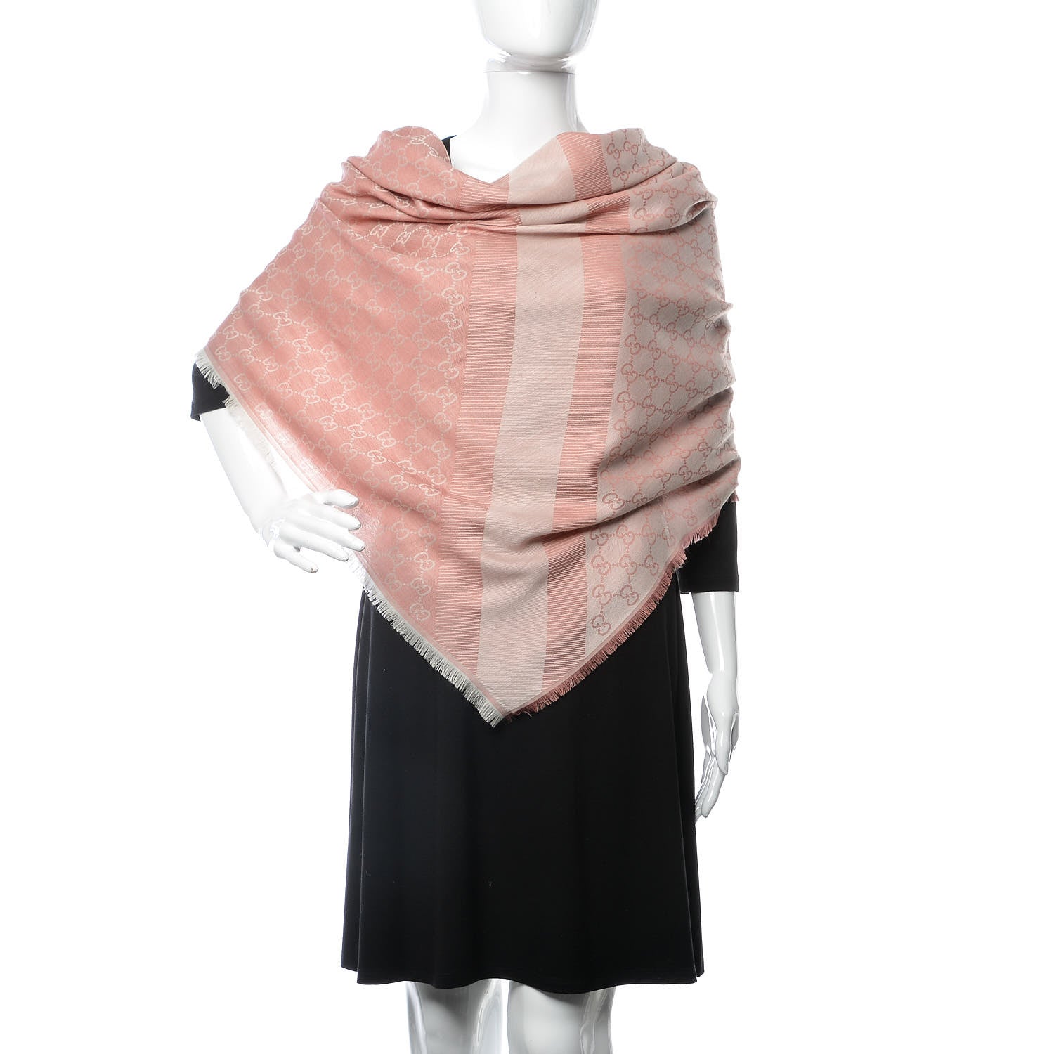 Gucci Wool Silk Monogram GGWeb Fringe Shawl Rose Ivory 2 of 3