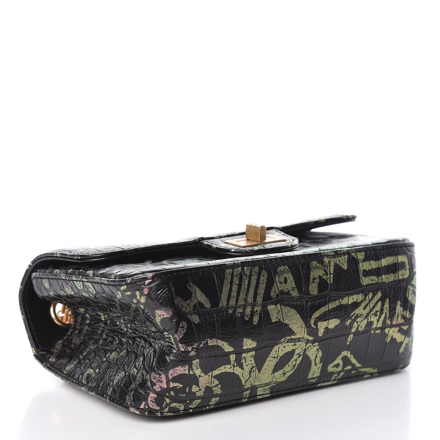 Chanel Calfskin Crocodile Embossed Graffiti 2.55 Mini Cocodile Reissue Flap Black Pink 4 of 11