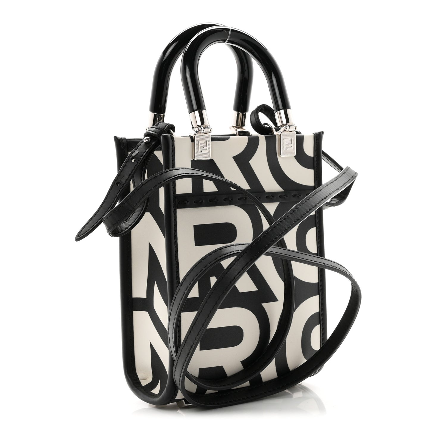 X MARC JACOBS Vitello King Plexiglass Logo Print Mini Fendi Sunshine Shopper Tote Black White