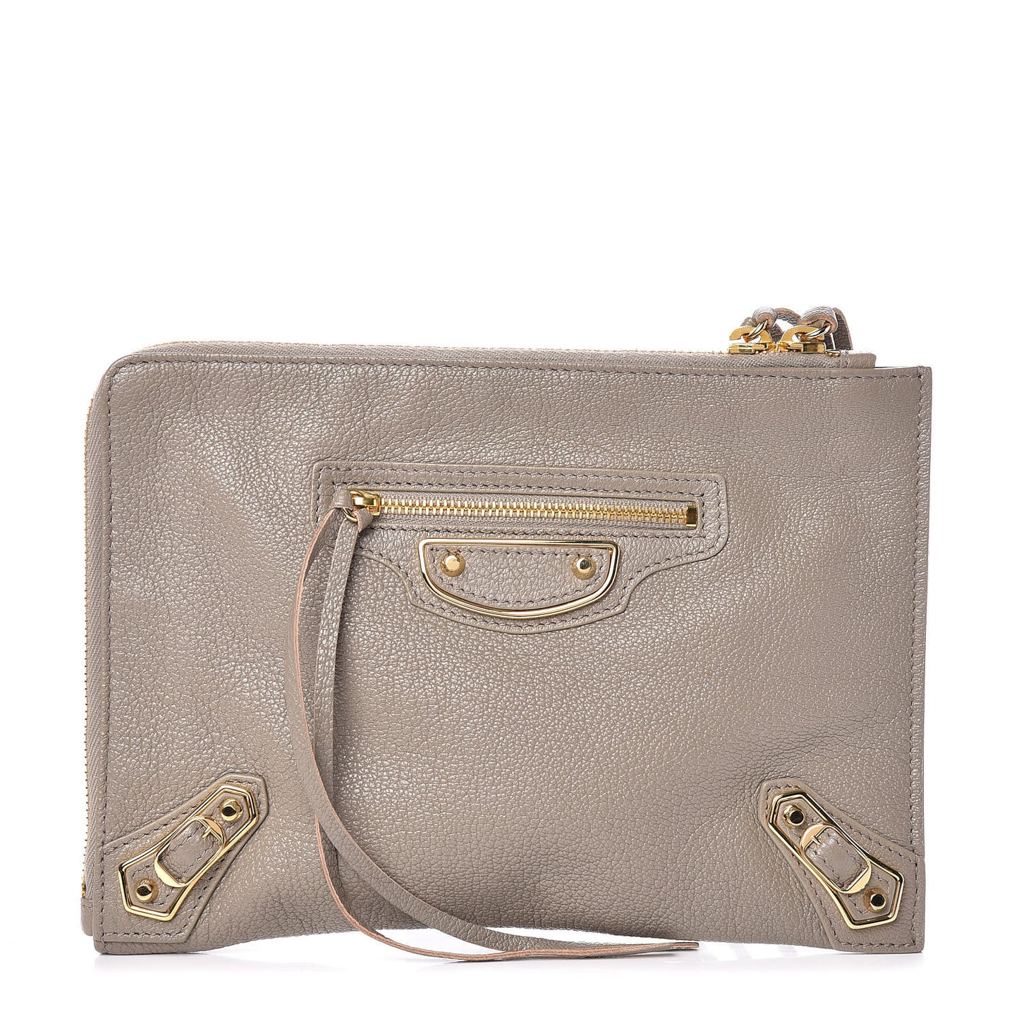Chevre Gold Metallic Edge Hardware Pouch Gris Taupe