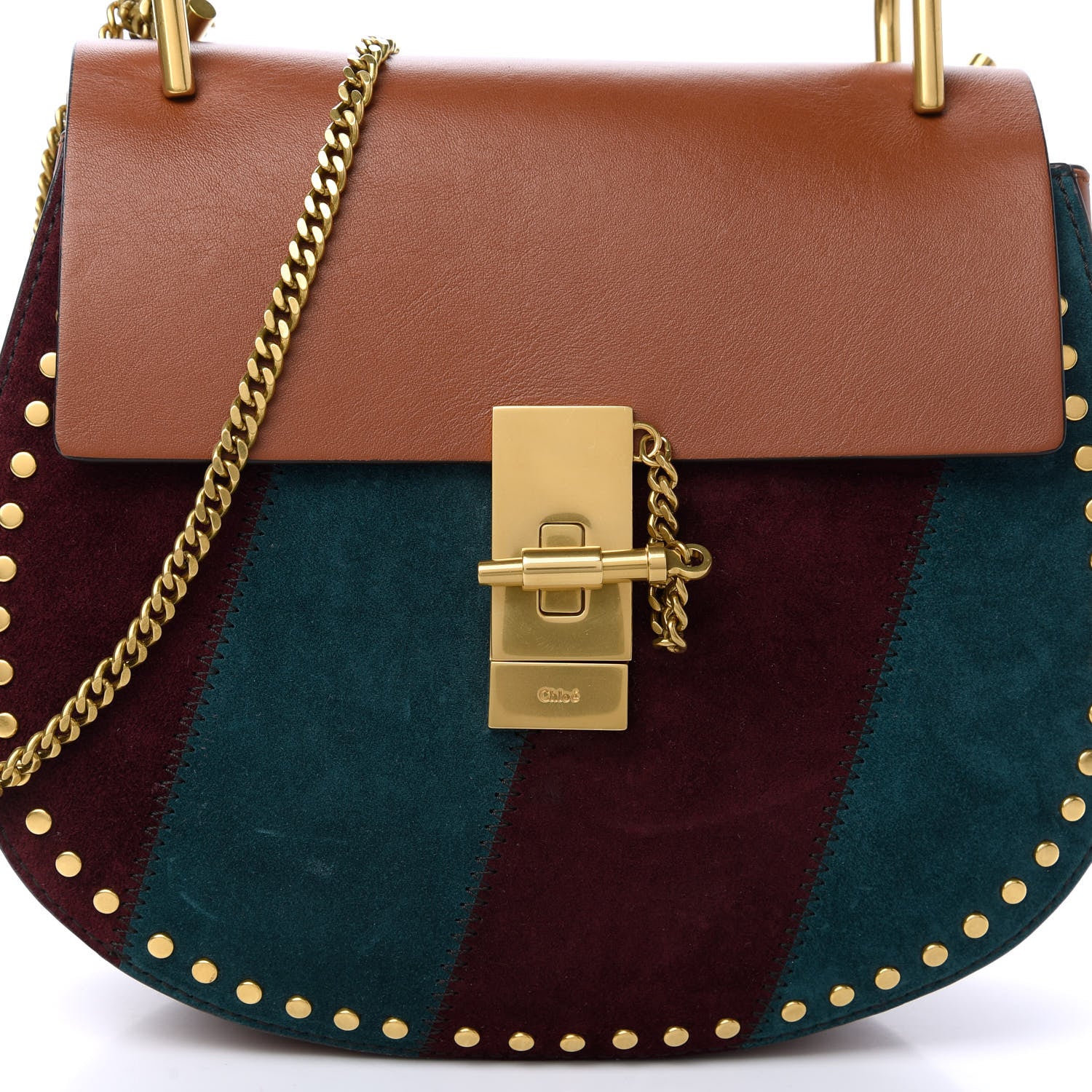 Chloe Suede Calfskin Striped Patchwork Studded Drew Shoulder Bag Caramel Multicolor 9 of 9