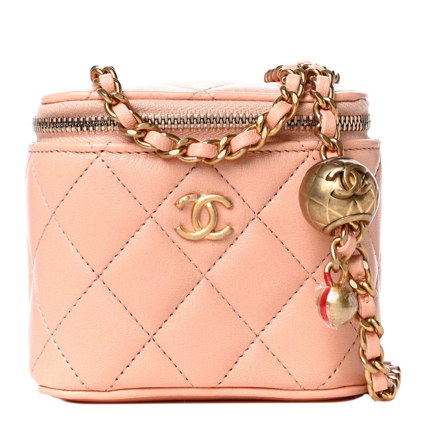 Lambskin Quilted Pearl Crush Mini Vanity Case With Chain Light Beige