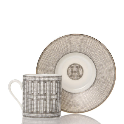 Hermes Porcelain Mosaique Au 24 Platine Tea Cup And Saucer Set Of 2 Platinum 4 of 9