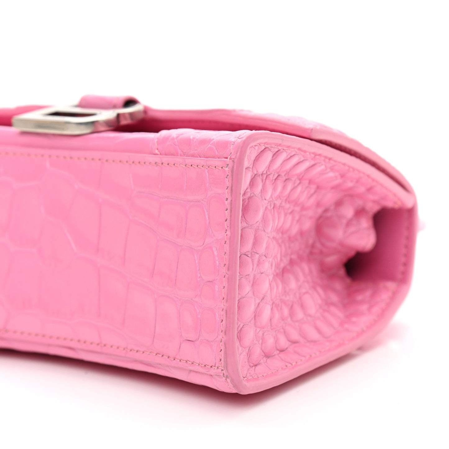 Shiny Calfskin Crocodile Embossed Hourglass Top Handle Bag XS Baby Pink