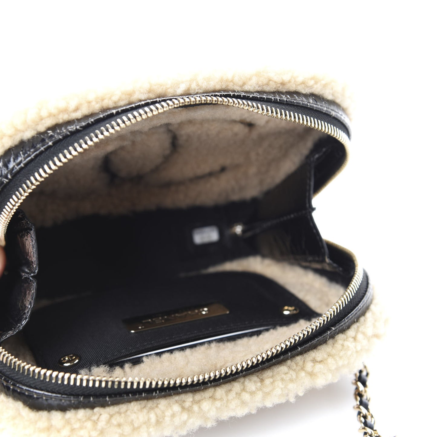 Shiny Crumpled Sheepskin Shearling Waist Bag Black Beige