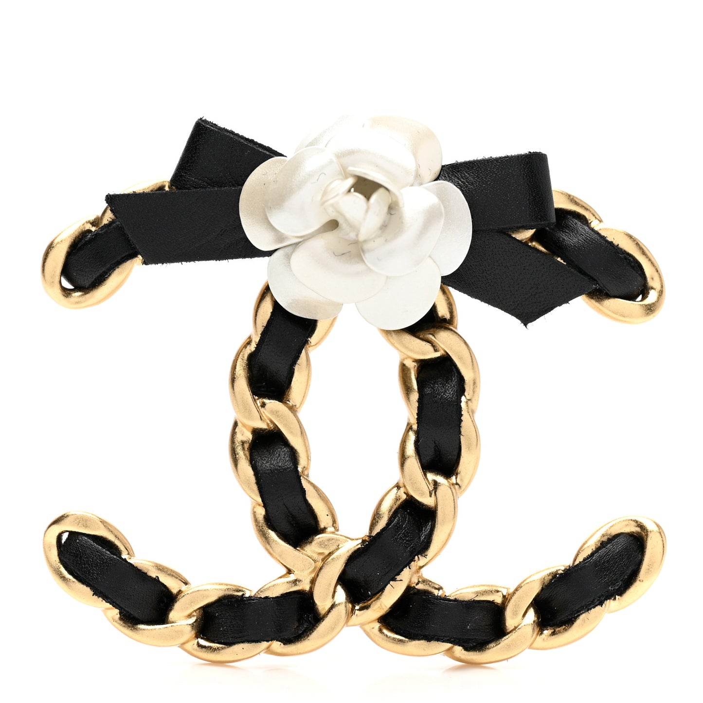 Lambskin Chain CC Camellia Brooch Black Gold