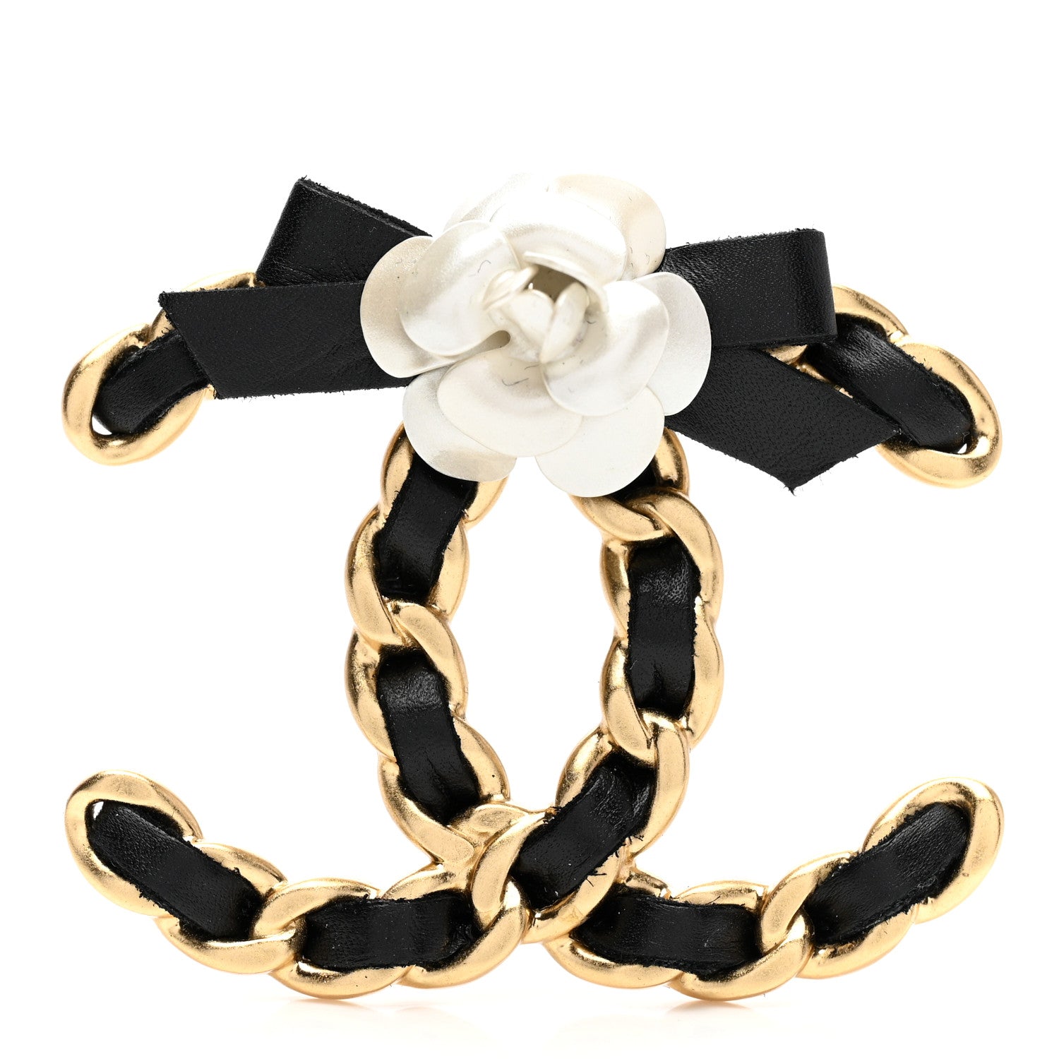 Chanel Lambskin Chain CC Camellia Brooch Black Gold 1 of 4
