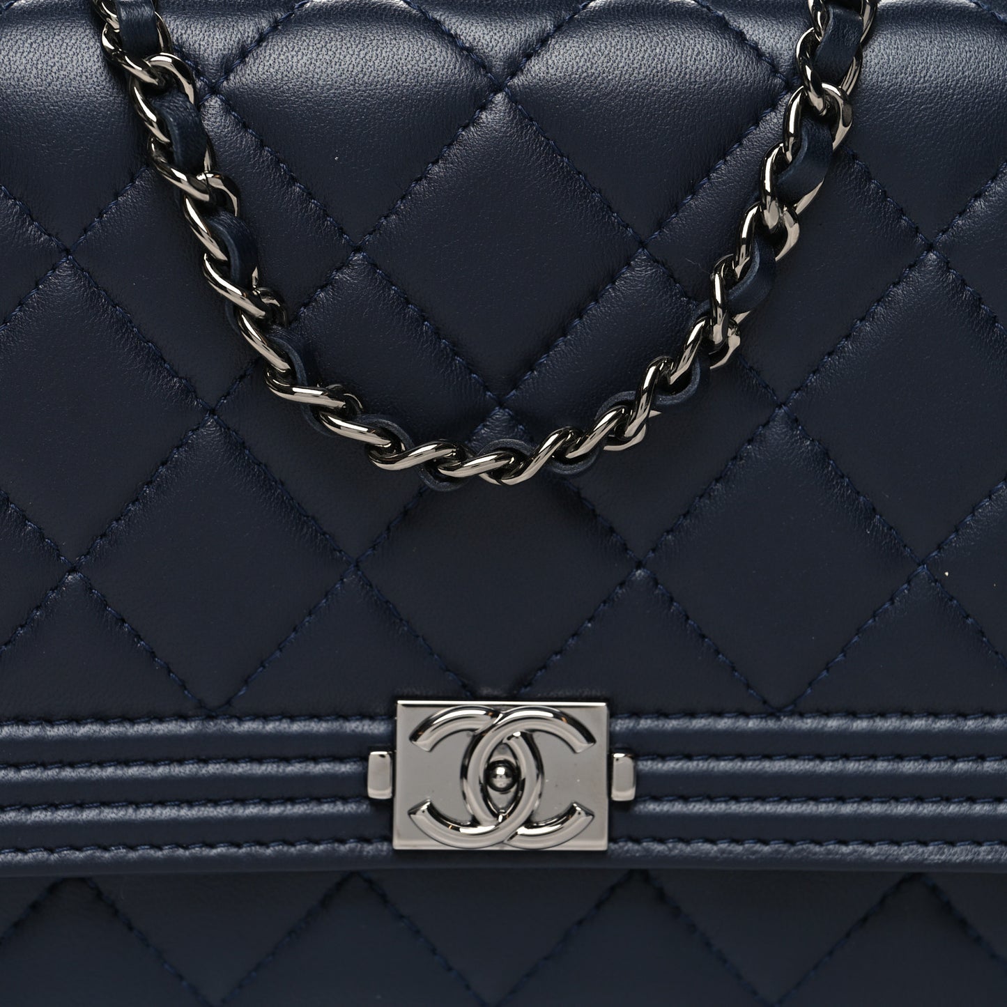 Lambskin Quilted Boy Wallet On Chain WOC Navy Blue