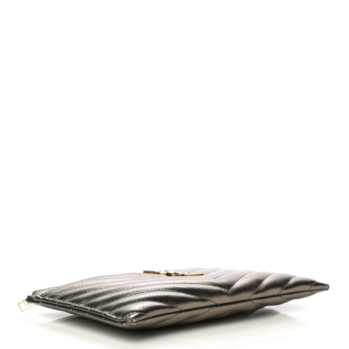 Metallic Grain De Poudre Matelasse Chevron Monogram Bill Pouch Piombo